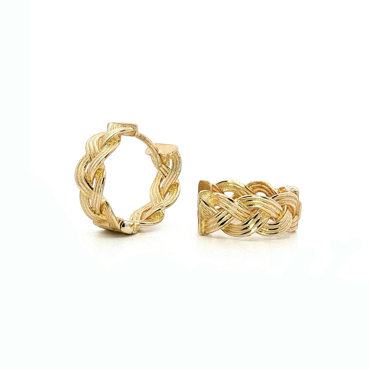 9ct yellow gold plaited huggie hoop earrings with textured design