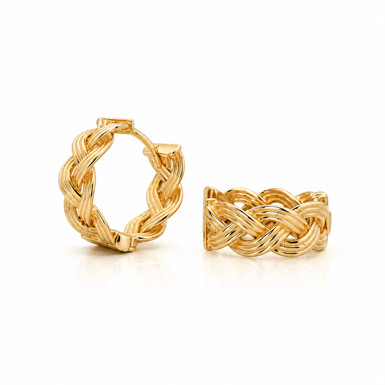 9ct yellow gold plaited huggie hoop earrings with textured design