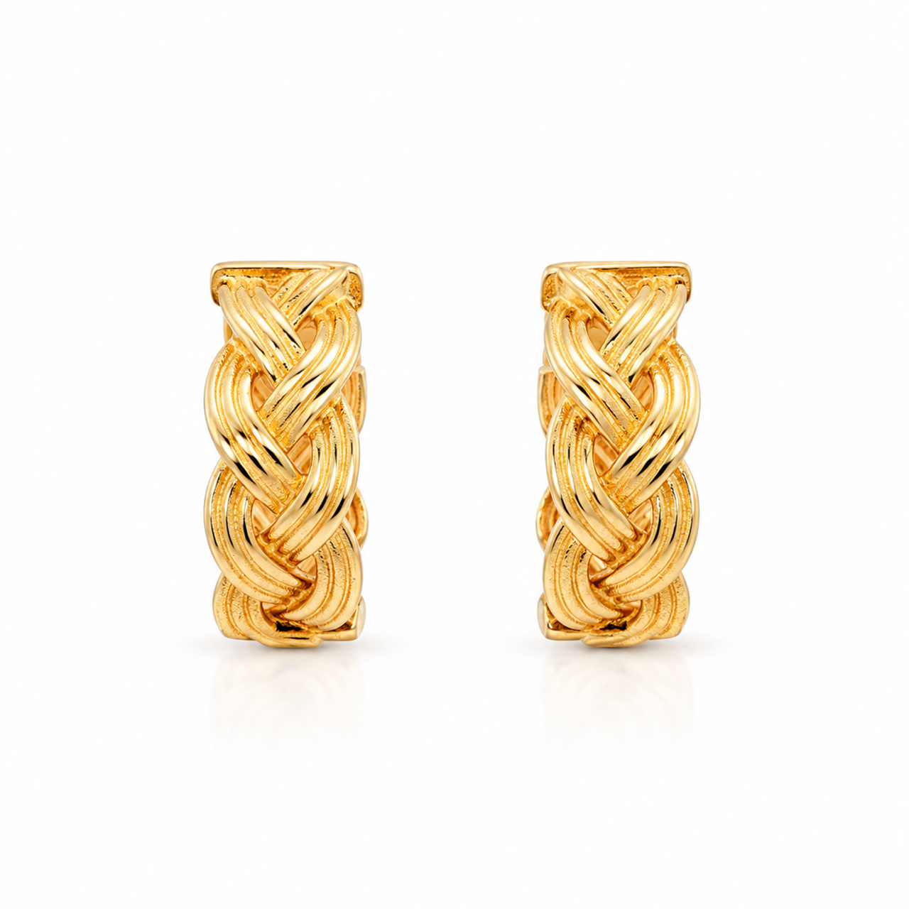 9ct yellow gold plaited huggie hoop earrings with textured design