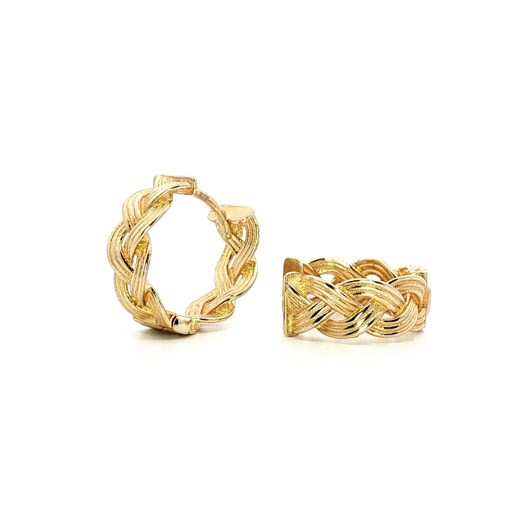 9ct yellow gold plaited huggie hoop earrings with textured design