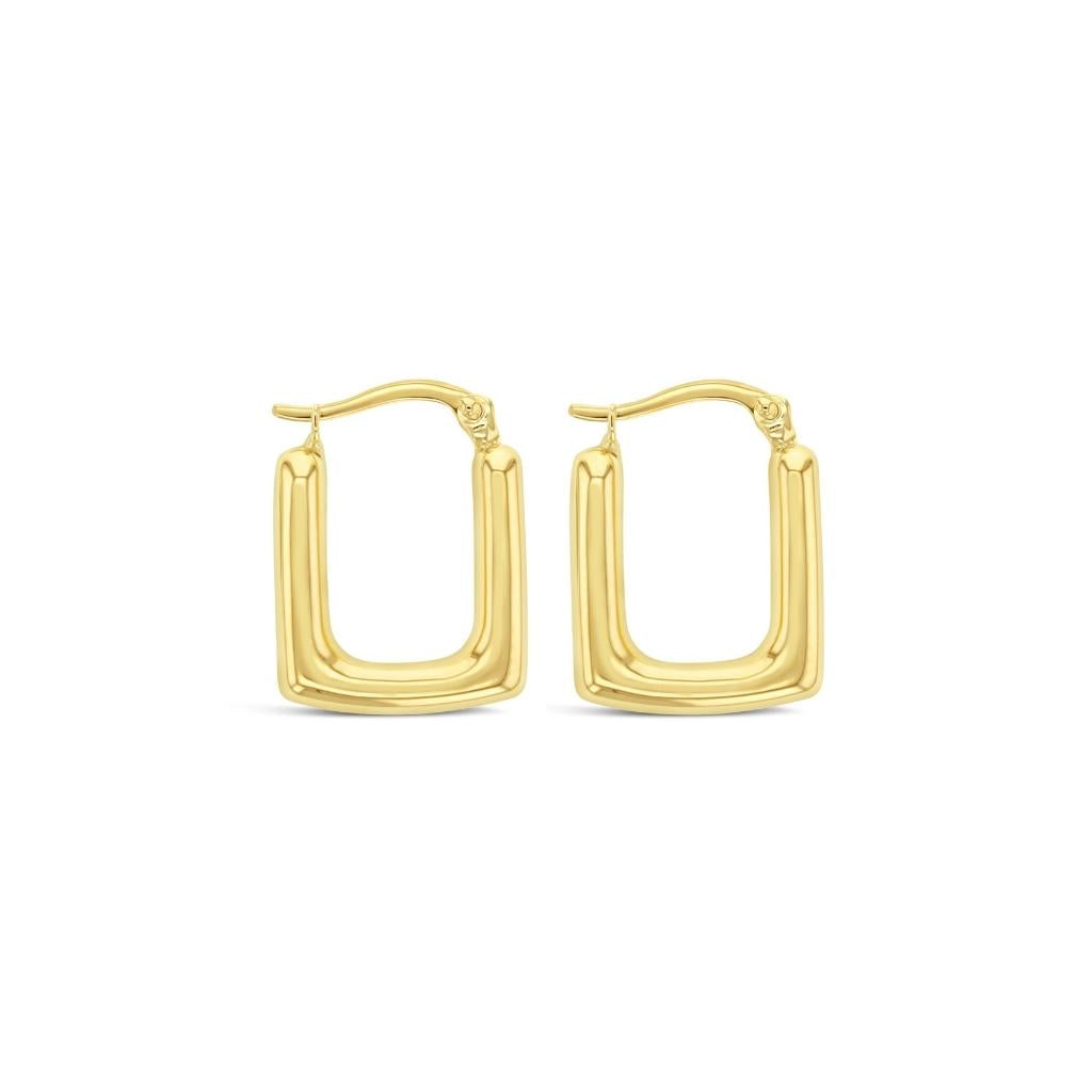 9ct yellow gold rounded square puff hoop earrings with post and clip fittings in polished geometric design