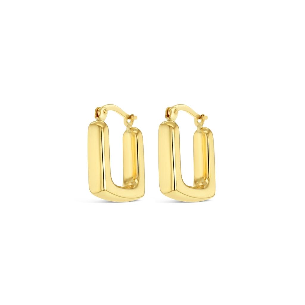 9ct yellow gold rounded square puff hoop earrings with post and clip fittings in polished geometric design