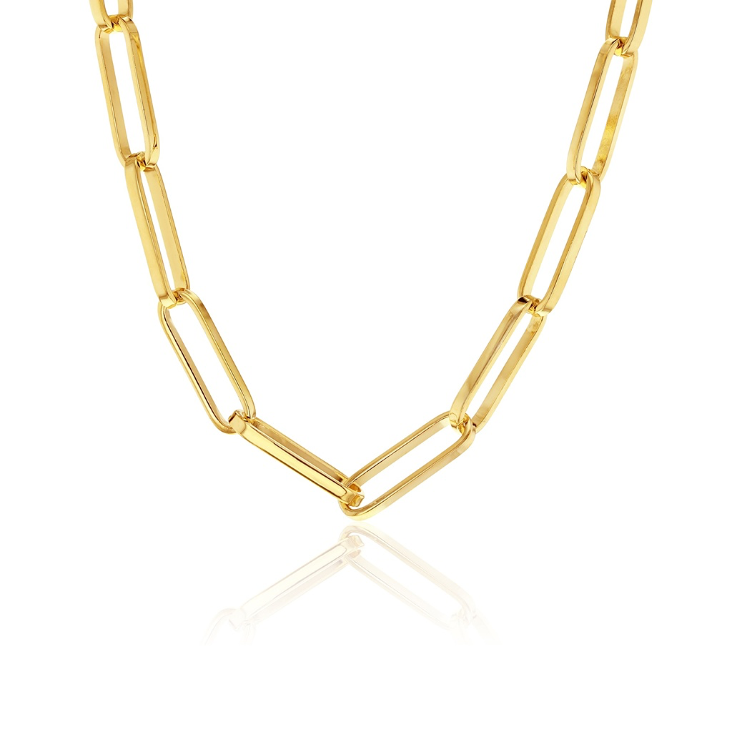 9ct yellow gold solid squared paperclip link necklet with polished oblong links, 45cm