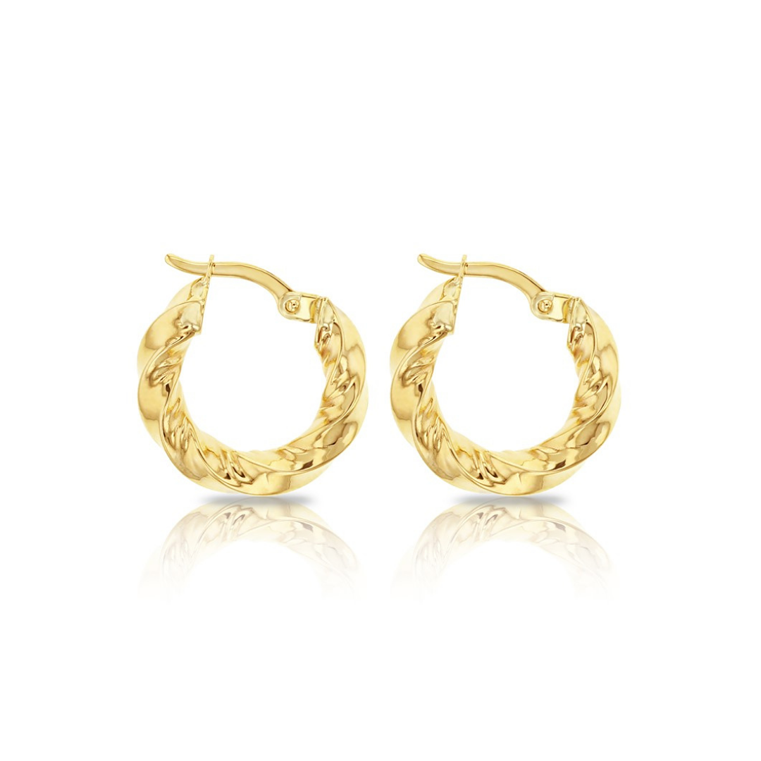 9ct yellow gold twist hoop earrings with polished finish