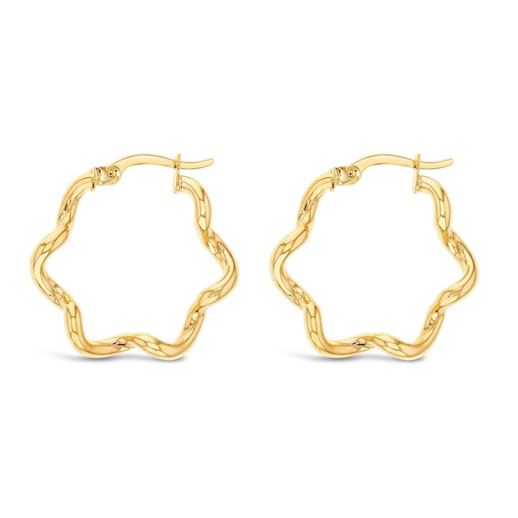 9ct yellow gold twist wave hoop earrings with sculptural curved design, polished finish and hinged clip catch, 23mm diameter