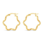 9ct yellow gold twist wave hoop earrings with sculptural curved design, polished finish and hinged clip catch, 23mm diameter