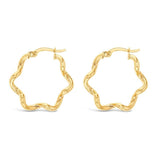 9ct yellow gold twist wave hoop earrings with sculptural curved design, polished finish and hinged clip catch, 23mm diameter