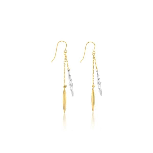 9ct yellow and white gold two tone double chain drop earrings with marquise shaped ends and hook fittings