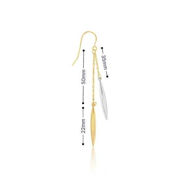 9ct yellow and white gold two tone double chain drop earrings with marquise shaped ends and hook fittings