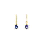 9ct yellow gold pear-cut tanzanite drop earrings with v-cap and claw settings.