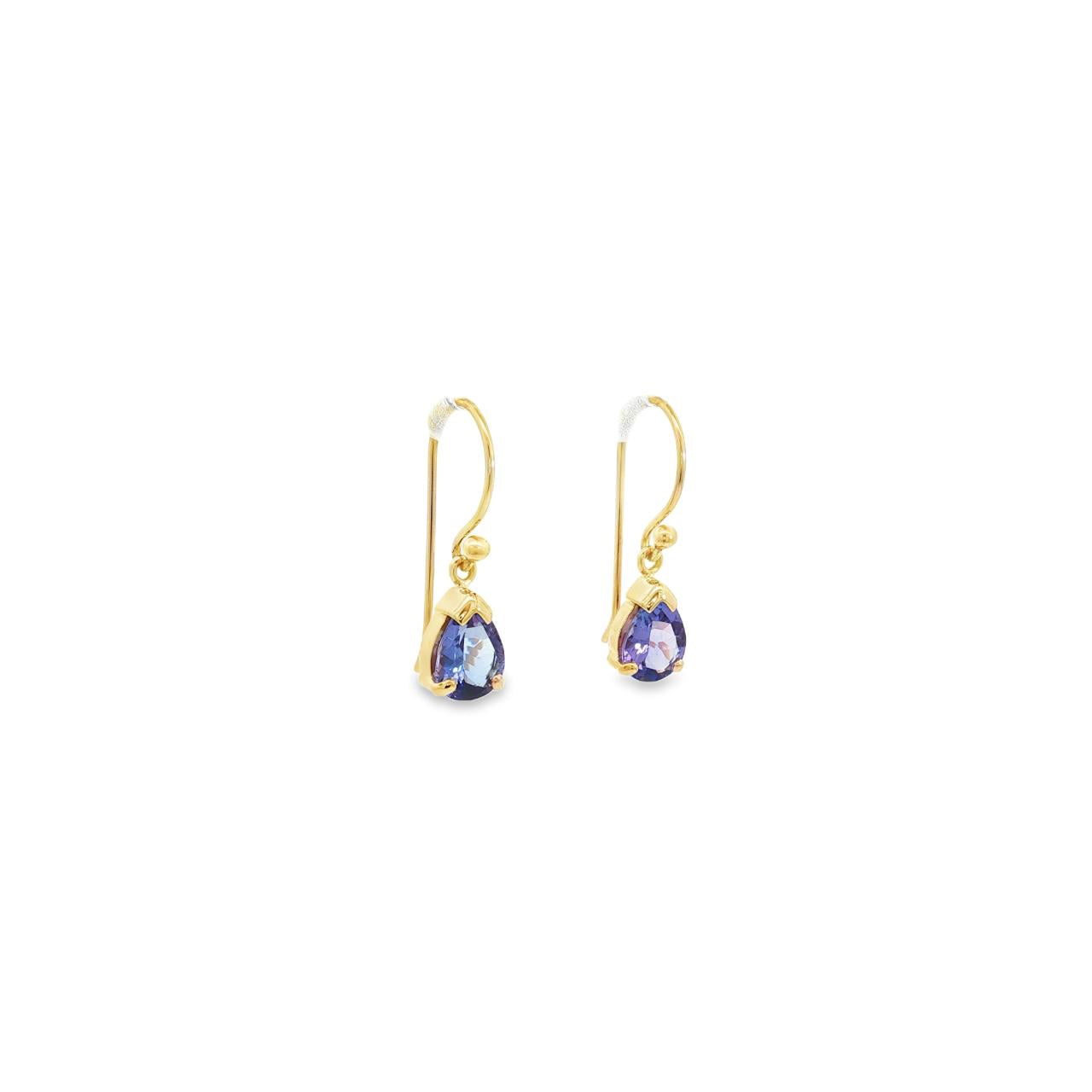 9ct yellow gold pear-cut tanzanite drop earrings with v-cap and claw settings.