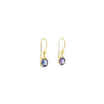 9ct yellow gold pear-cut tanzanite drop earrings with v-cap and claw settings.