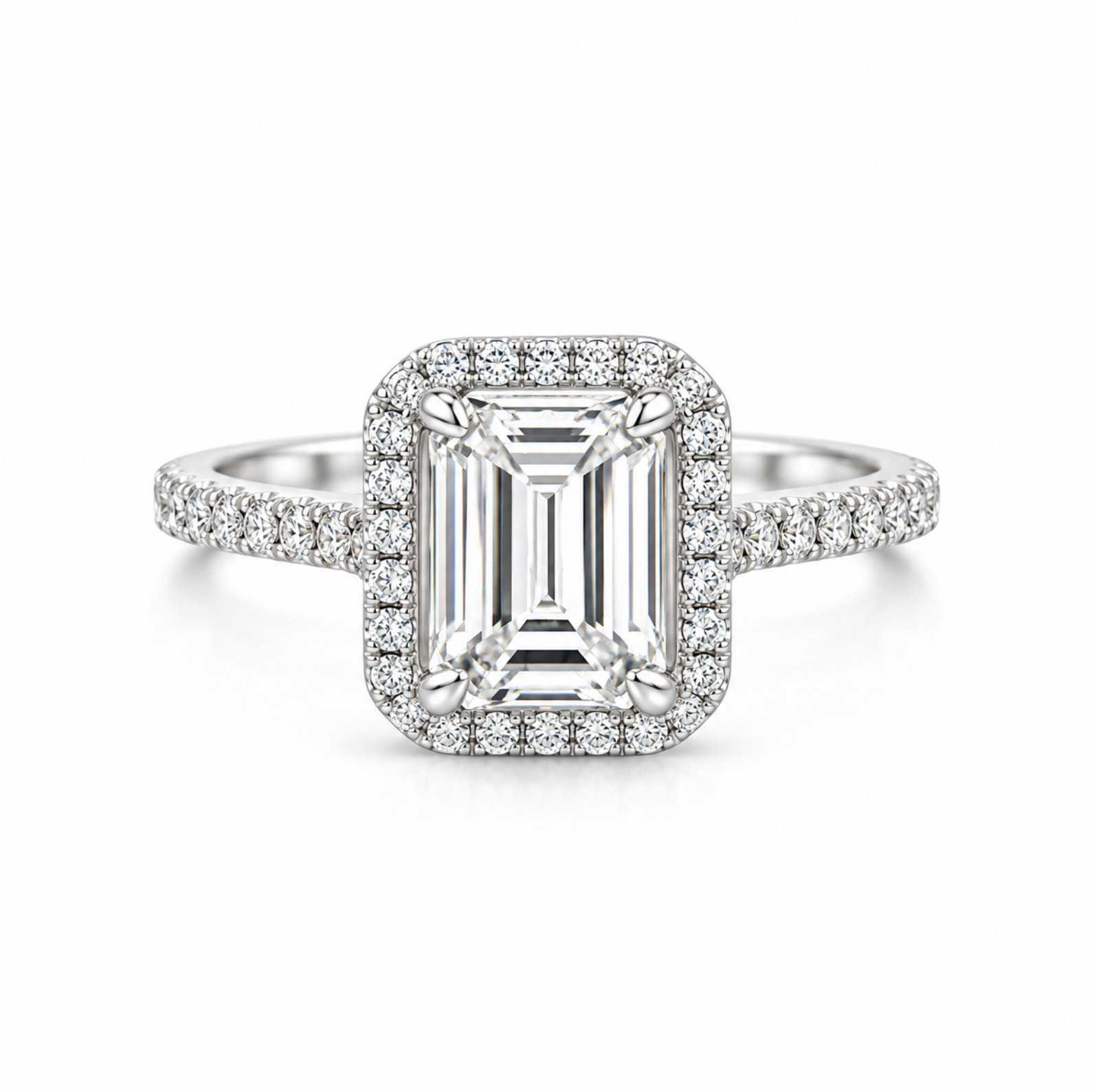 An emerald-cut halo ring featuring a large rectangular center stone surrounded by a halo of small round diamonds, set on a slim pavé band, shown against a plain white background.