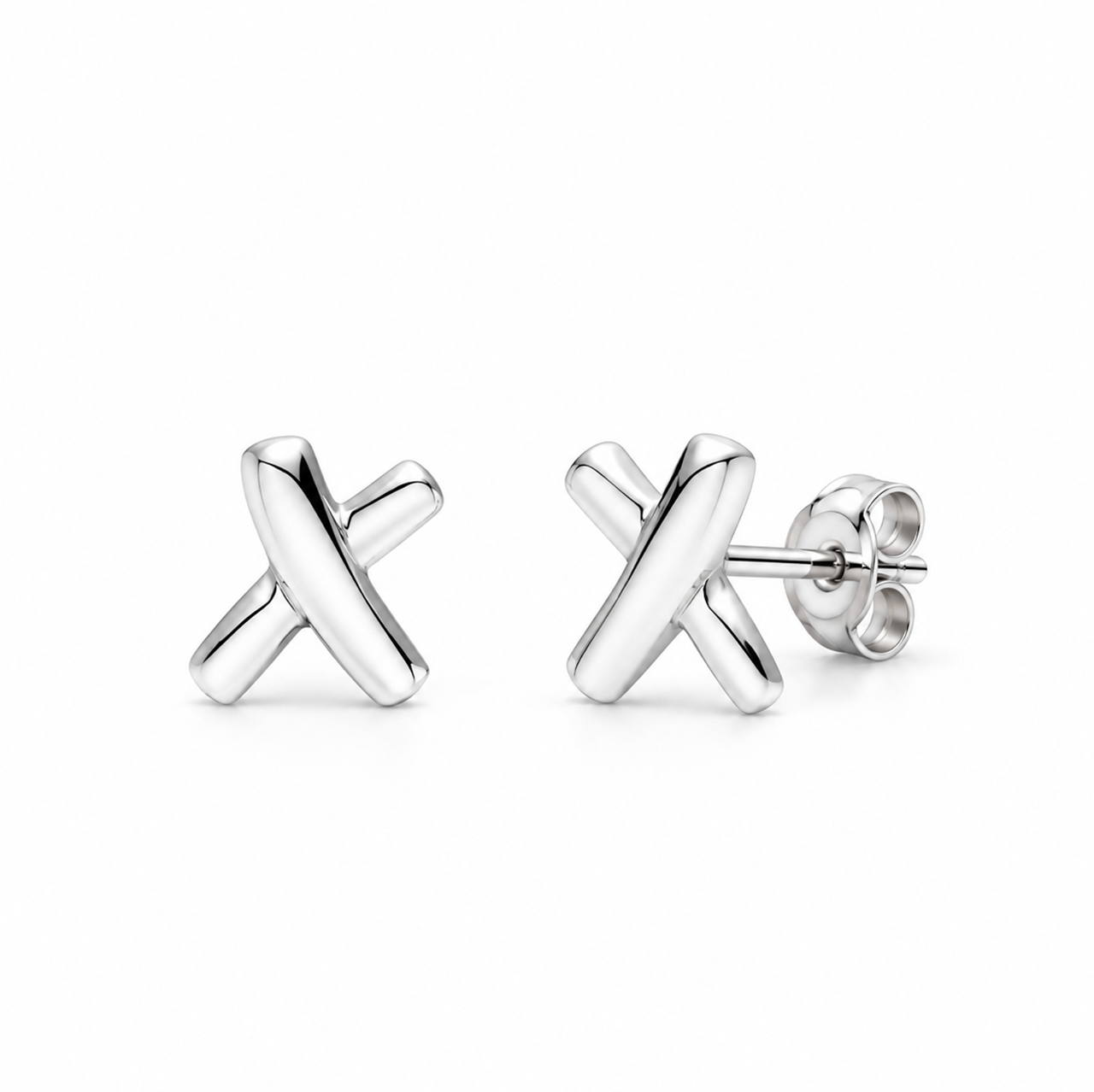 Sterling silver Cross Kiss stud earrings with polished intersecting design.