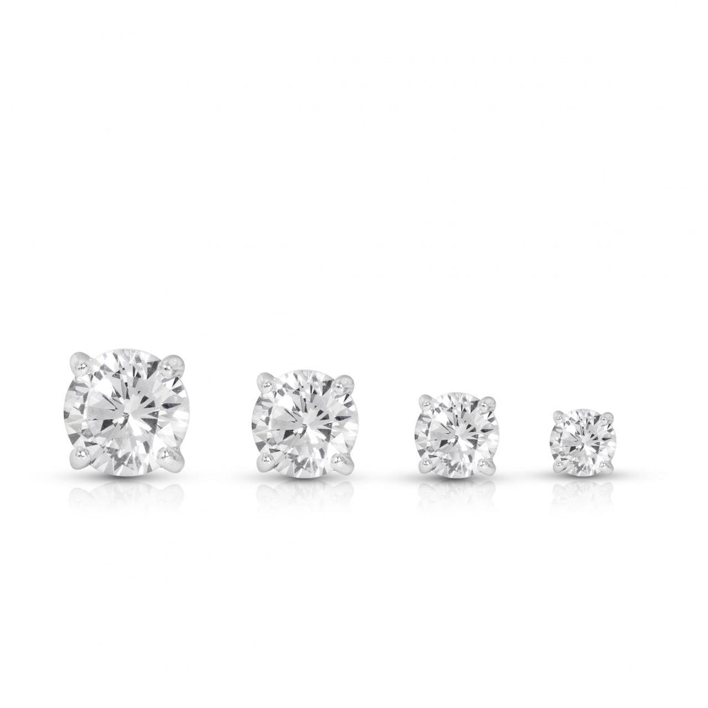 18ct white gold diamond stud earrings featuring round brilliant cut diamonds in four-claw settings with post and butterfly fittings.