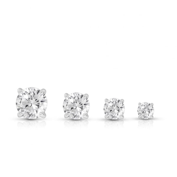 18ct white gold diamond stud earrings featuring round brilliant cut diamonds in four-claw settings with post and butterfly fittings.