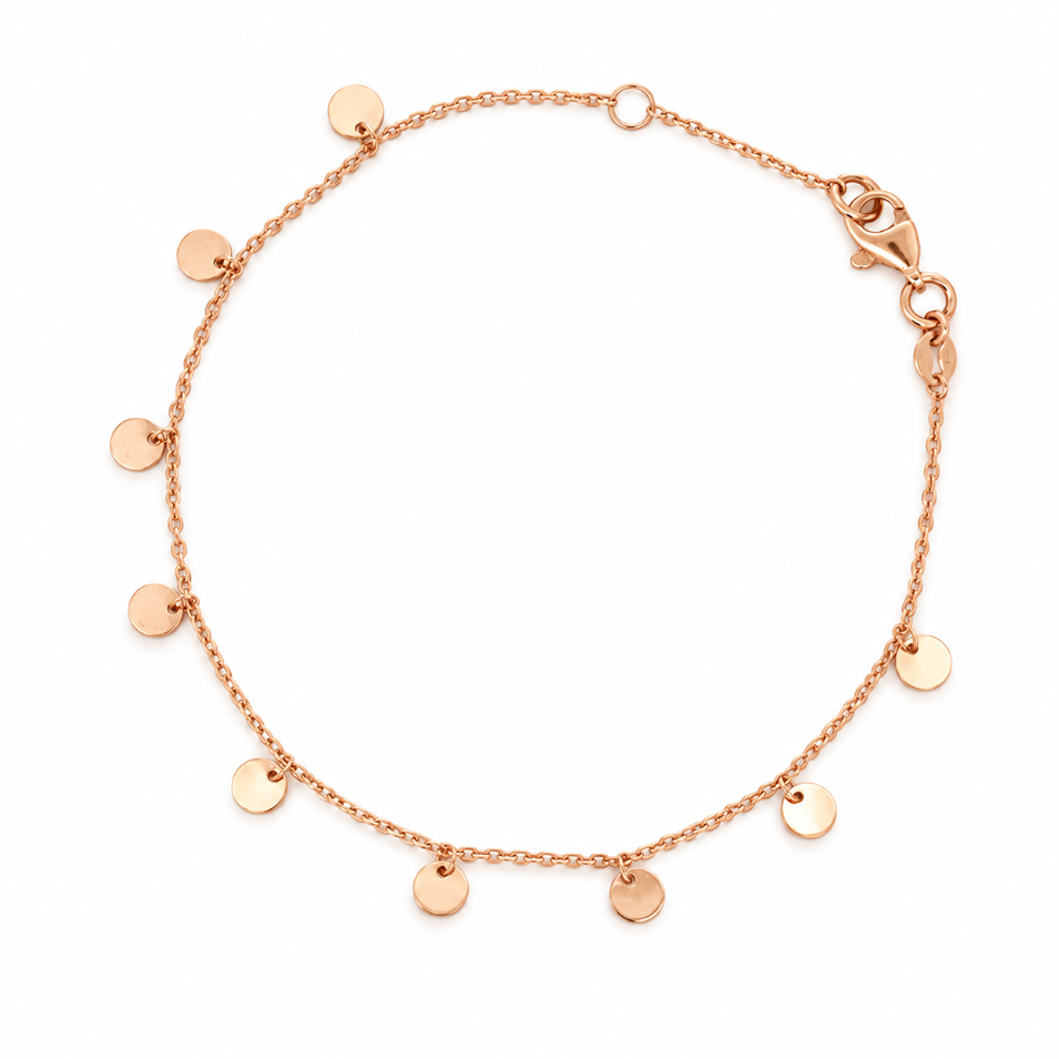 9ct rose gold trace link bracelet with polished disc drops.