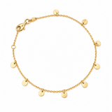 9ct yellow gold trace link bracelet with nine polished disc drops.
