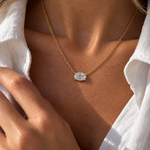 A close-up lifestyle shot of a woman wearing a delicate gold chain necklace with a oval diamond pendant, styled with a white button-down shirt.