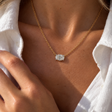 A close-up lifestyle shot of a woman wearing a delicate gold chain necklace with a oval diamond pendant, styled with a white button-down shirt.