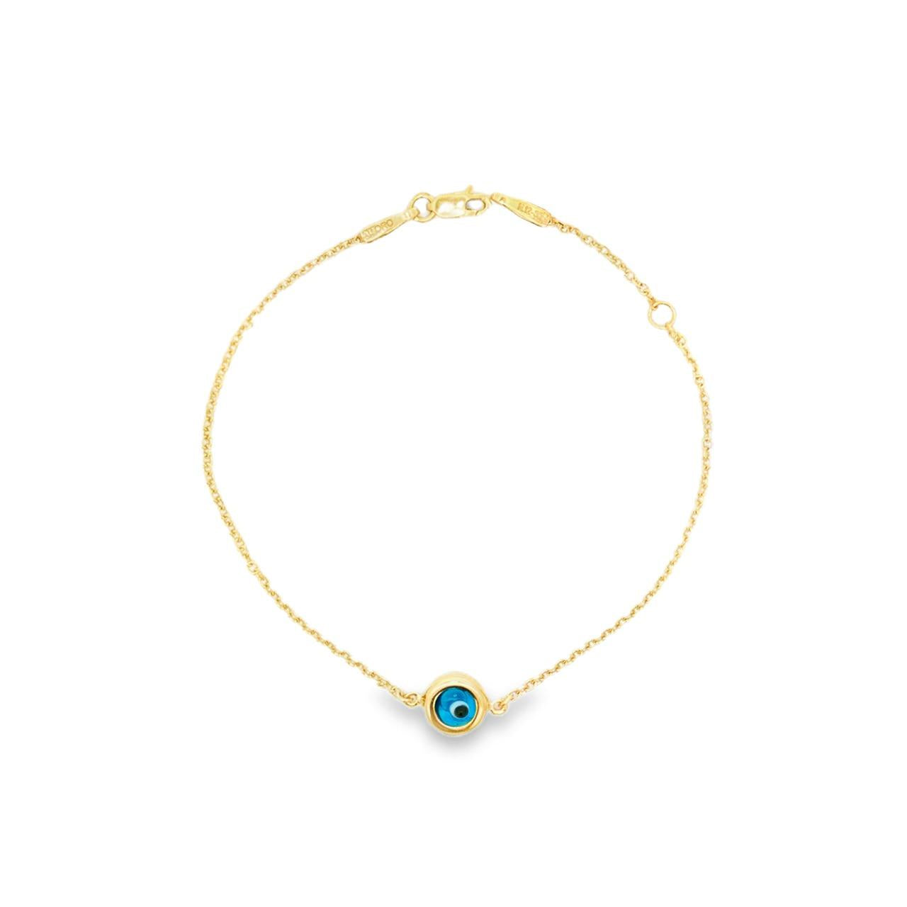 9ct yellow gold fine trace link bracelet with a blue Evil Eye centre charm and bolt ring clasp.