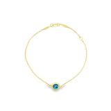 9ct yellow gold fine trace link bracelet with a blue Evil Eye centre charm and bolt ring clasp.