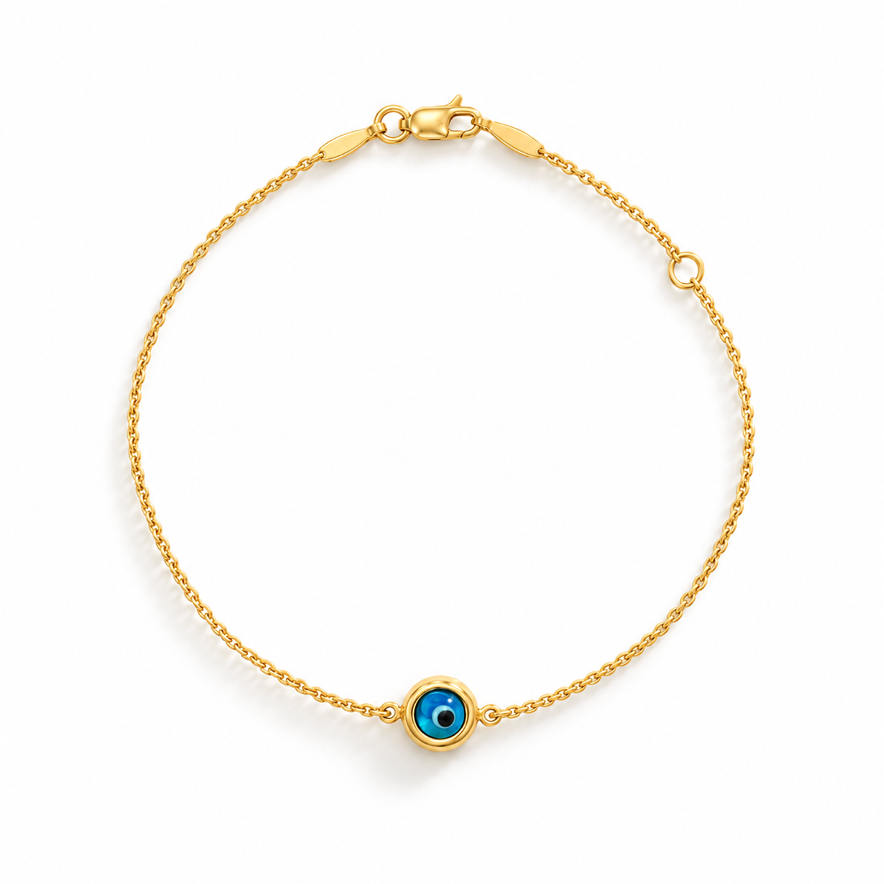 9ct yellow gold fine trace link bracelet with a blue Evil Eye centre charm and bolt ring clasp.