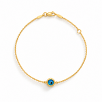 9ct yellow gold fine trace link bracelet with a blue Evil Eye centre charm and bolt ring clasp.