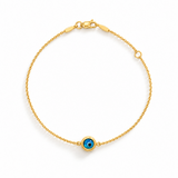 9ct yellow gold fine trace link bracelet with a blue Evil Eye centre charm and bolt ring clasp.