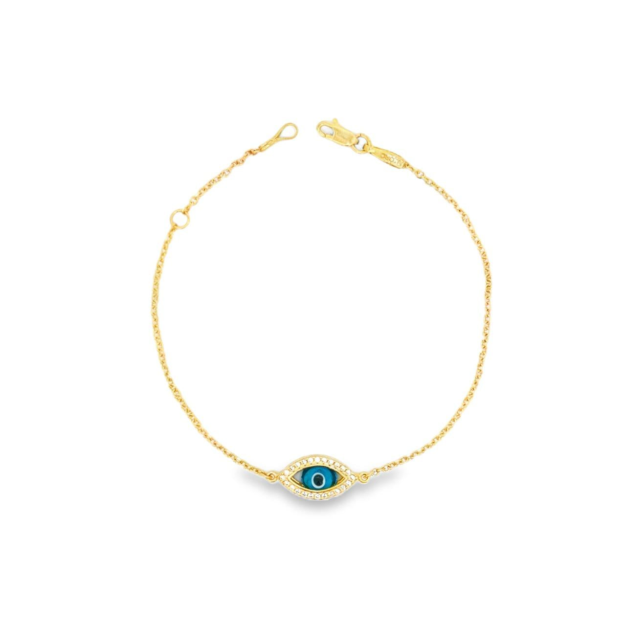 9ct yellow gold fine trace link bracelet featuring a marquise-shaped Evil Eye charm with a cubic zirconia surround and parrot clasp.