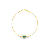 9ct yellow gold fine trace link bracelet featuring a marquise-shaped Evil Eye charm with a cubic zirconia surround and parrot clasp.