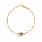 9ct yellow gold fine trace link bracelet featuring a marquise-shaped Evil Eye charm with a cubic zirconia surround and parrot clasp.