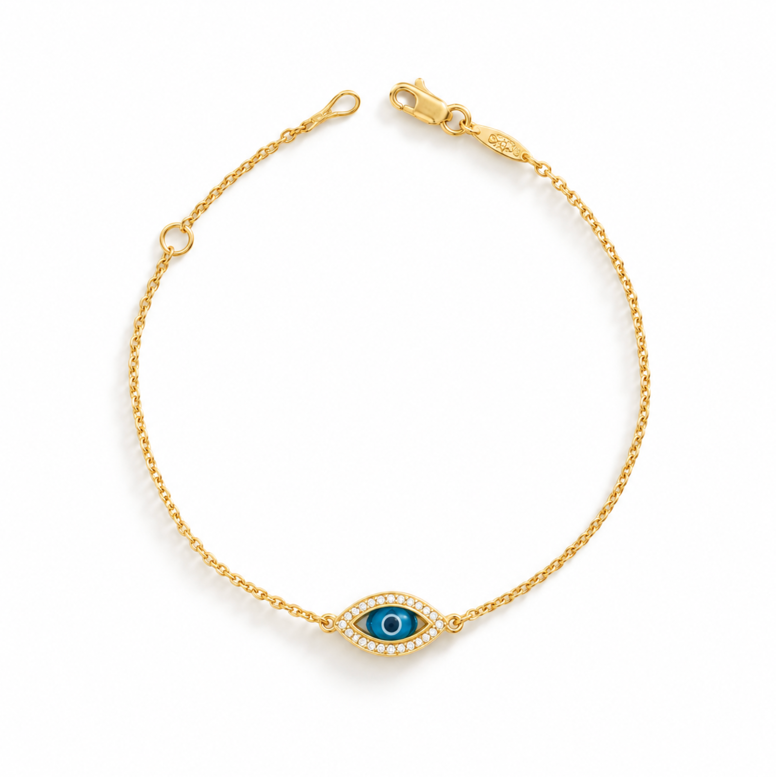 9ct yellow gold fine trace link bracelet featuring a marquise-shaped Evil Eye charm with a cubic zirconia surround and parrot clasp.