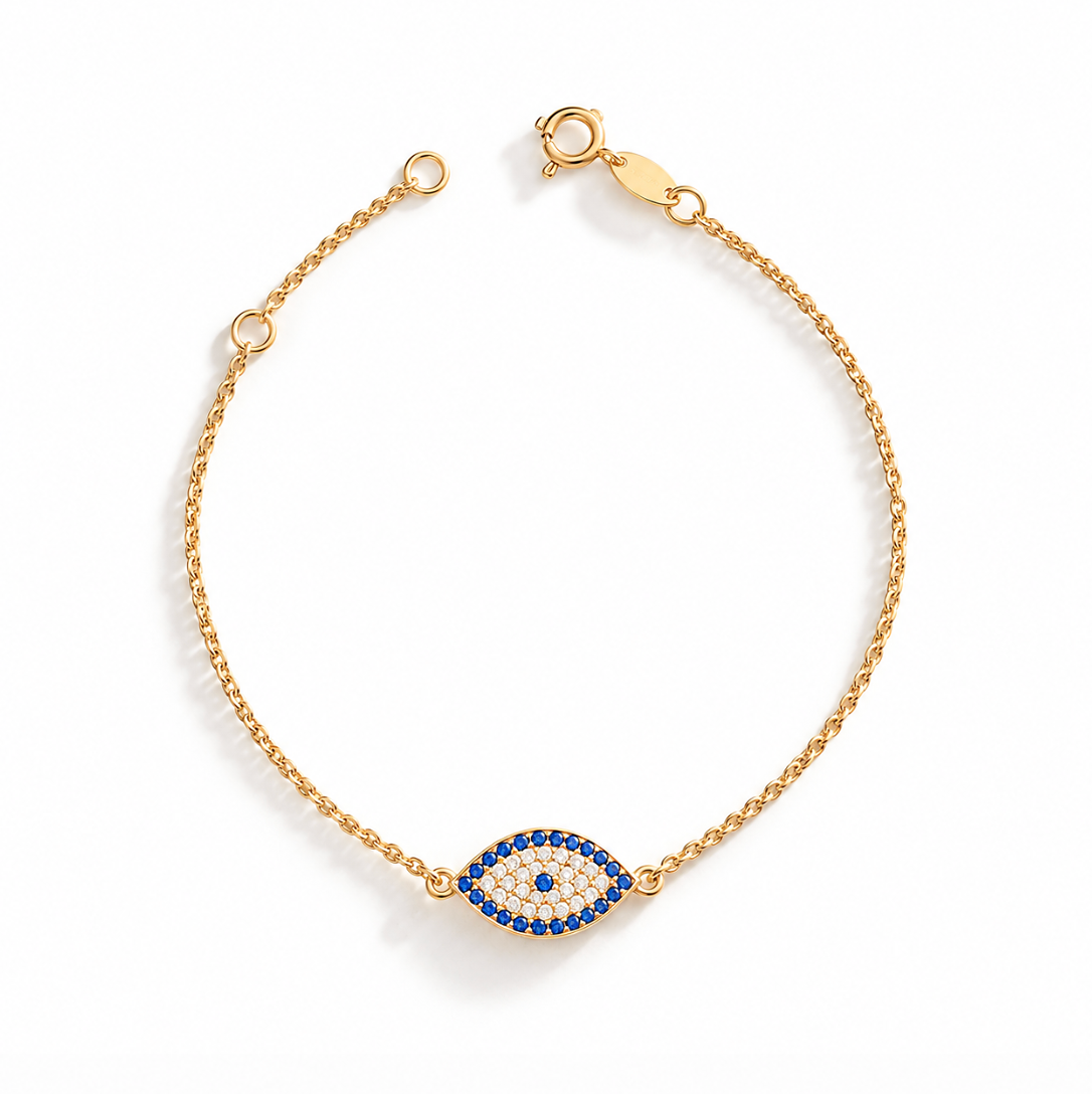 9ct yellow gold Evil Eye bracelet with blue and colourless cubic zirconias set on both sides.