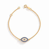 9ct yellow gold Evil Eye bracelet with blue and colourless cubic zirconias set on both sides.