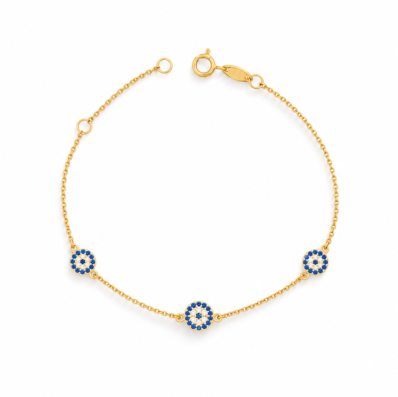 9ct yellow gold station bracelet with three round Evil Eye charms set with blue and colourless cubic zirconias.