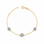 9ct yellow gold station bracelet with three round Evil Eye charms set with blue and colourless cubic zirconias.