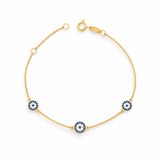 9ct yellow gold station bracelet with three round Evil Eye charms set with blue and colourless cubic zirconias.
