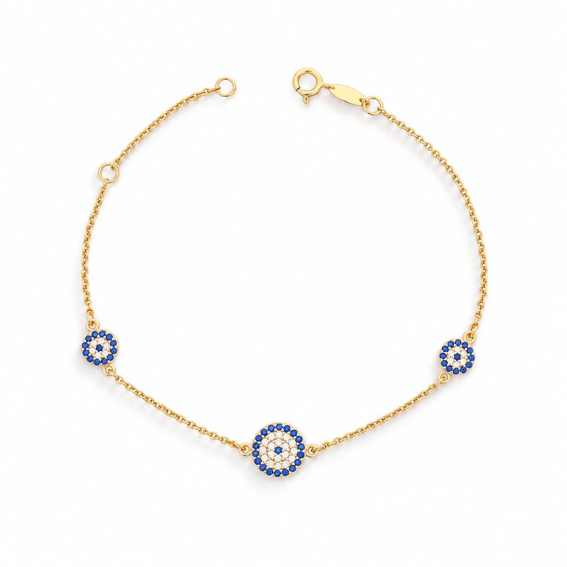 9ct yellow gold station bracelet with three round Evil Eye charms set with blue and colourless cubic zirconias.