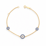 9ct yellow gold station bracelet with three round Evil Eye charms set with blue and colourless cubic zirconias.