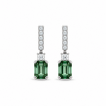 18ct white gold drop earrings featuring emerald-cut green tourmalines with diamond-set bar tops, carré cut accents, and articulated four-claw drops.