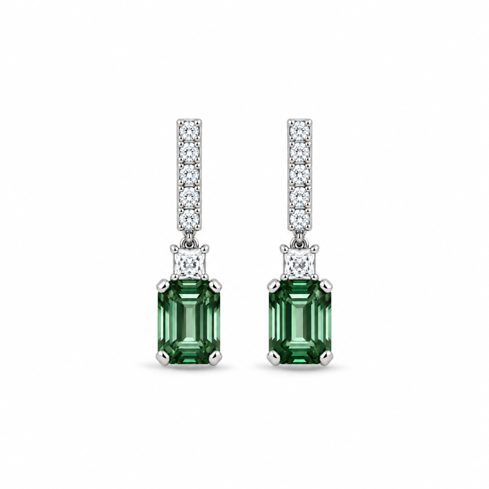 18ct white gold drop earrings featuring emerald-cut green tourmalines with diamond-set bar tops, carré cut accents, and articulated four-claw drops.