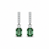 18ct white gold drop earrings featuring emerald-cut green tourmalines with diamond-set bar tops, carré cut accents, and articulated four-claw drops.