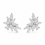 18ct white gold diamond cluster earrings featuring marquise and pear cut diamonds in a tiered multi-claw spray design with post and butterfly fittings.
