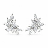 18ct white gold diamond cluster earrings featuring marquise and pear cut diamonds in a tiered multi-claw spray design with post and butterfly fittings.