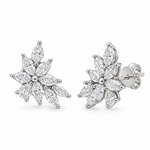 18ct white gold diamond cluster earrings featuring marquise and pear cut diamonds in a tiered multi-claw spray design with post and butterfly fittings.