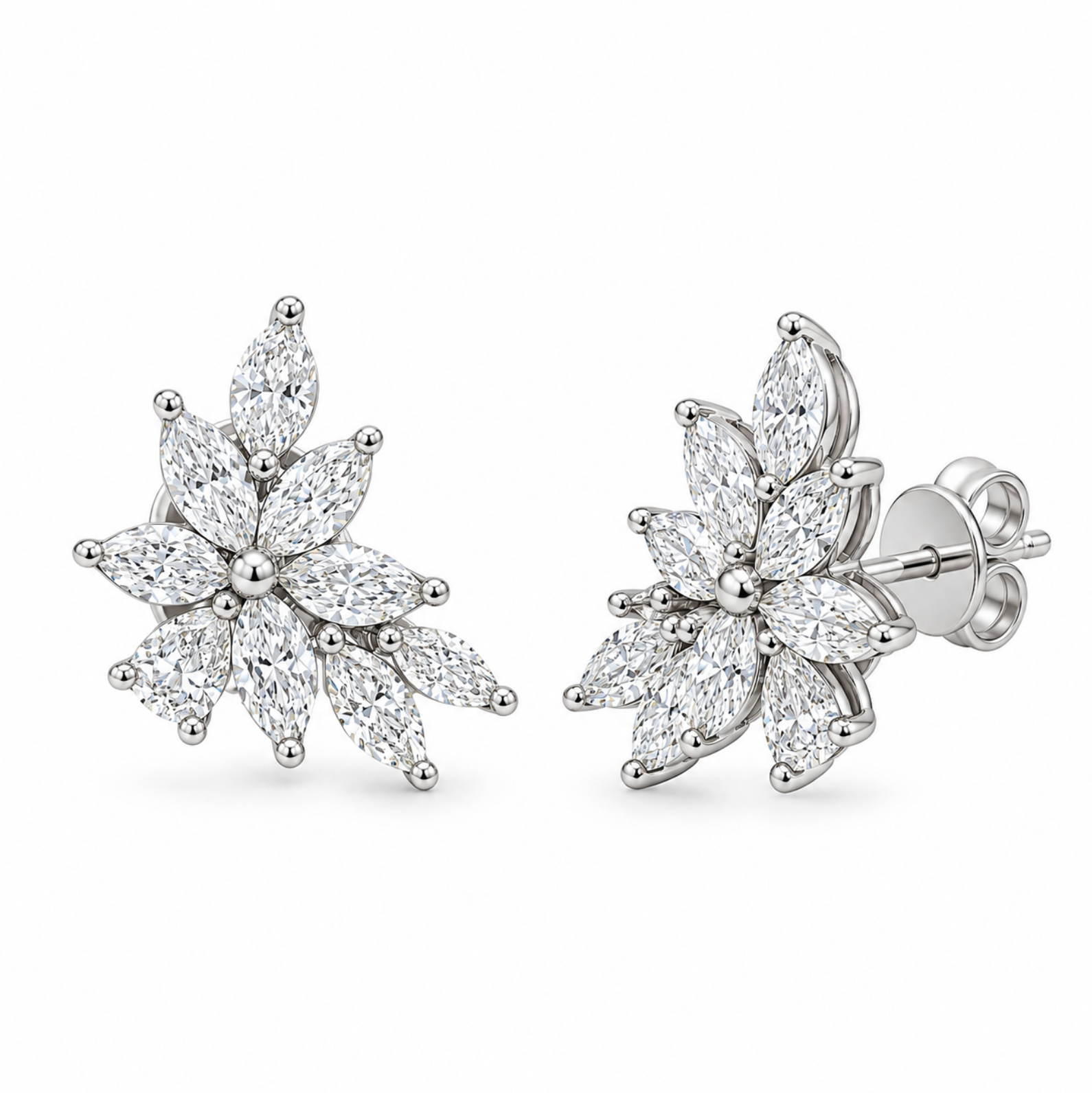 18ct white gold diamond cluster earrings featuring marquise and pear cut diamonds in a tiered multi-claw spray design with post and butterfly fittings.
