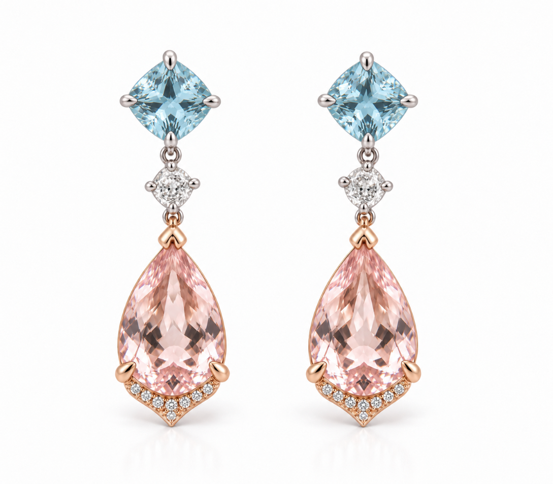 A pair of drop earrings featuring light blue aquamarine stones, large pink morganite teardrop drops, and small clear accent diamonds in rose gold and silver settings, shown on a clean white background.