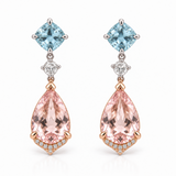 A pair of drop earrings featuring light blue aquamarine stones, large pink morganite teardrop drops, and small clear accent diamonds in rose gold and silver settings, shown on a clean white background.