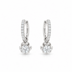 18ct white gold diamond flower drop earrings with claw-set huggie tops and removable scalloped cluster drops, featuring 1.03ct GIA-certified centre diamonds and 0.17ct accent diamonds, F–G colour SI1 clarity.